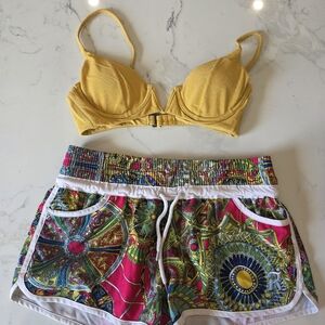 Yellow Swim Top Bra Style and Colorful Patterned Board Shorts